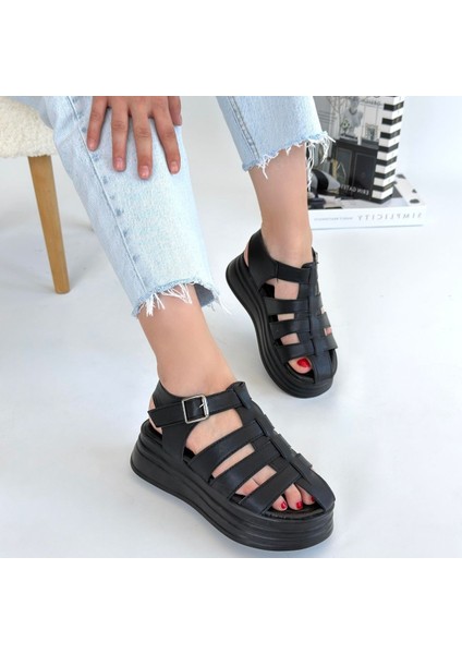 Kemerli Ortopedik Sandalet Cilt Siyah Topuk Boyu 5 cm fırsatları