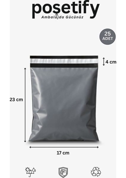 Gri Cepsiz Kargo Poşeti 17X23+4 cm | Yapışkan Bantlı Kargo Zarfı | 25’li E-Ticaret Poşeti