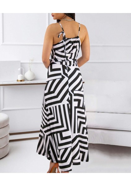 Kadın Askılı Belden Bağlamalı Geometrik Desen Krep Elbise