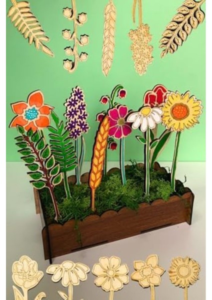 Ahşap Boyama Seti, Çiçek Desenleri, 18-20 Cm, 10 Parça, Standlı, Renkli modelleri