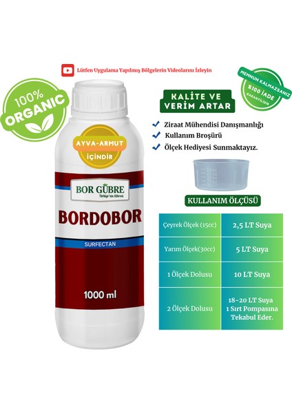 Ayva-Armut Için Organik Sıvı Gübre Bordobulamacı Bordobor- 1lt Kalite-Verim Artar, Geliştirir, Korur(Istenmeyen Mavi Rengi Bırakmaz)
