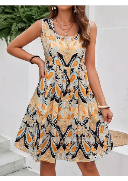 Kadın Sıfır Kol Yuvarlak Yaka Çiçek Desenli Süprem Elbise fiyatları