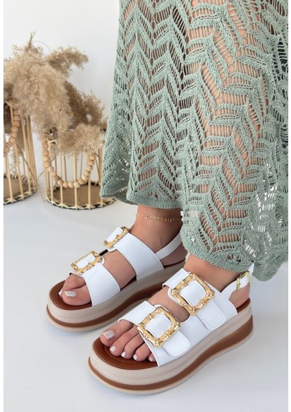 Gold Tokalı Kemerli Ortopedik Sandalet Cilt Beyaz Topuk Boyu 4,5 cm fiyatları