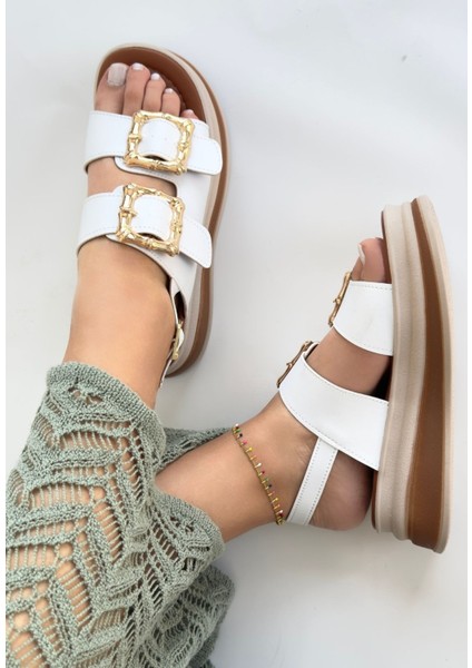 Gold Tokalı Kemerli Ortopedik Sandalet Cilt Beyaz Topuk Boyu 4,5 cm modelleri