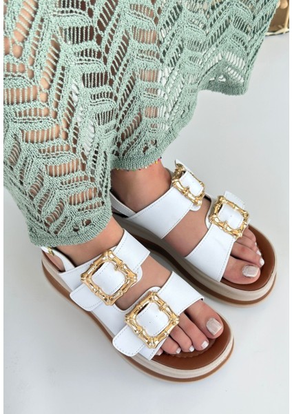 Gold Tokalı Kemerli Ortopedik Sandalet Cilt Beyaz Topuk Boyu 4,5 cm fırsatları