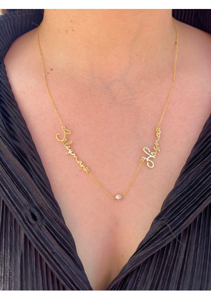 925 Gümüş | Iki Isimli Taşlı Kolye