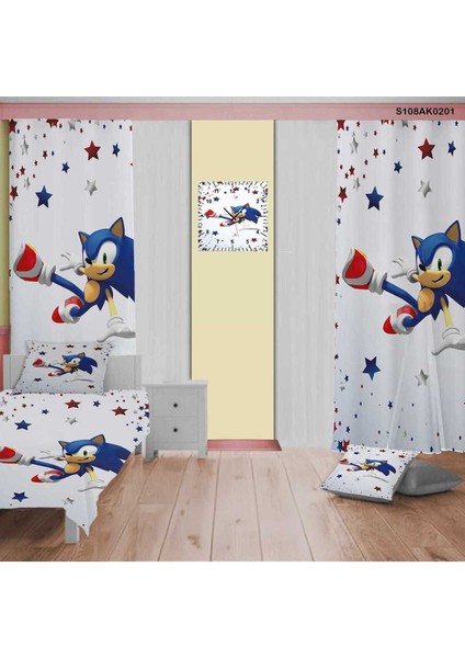 Yıldızlar ve Sonic Temalı Çocuk Odası Seti, Perde, Yatak Örtüsü, Saat, Yastık ve Kılıf