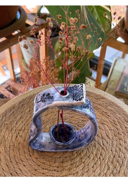 Arche Ceramic El Yapımı Seramik Çiçeklik / Mini Saksı - Mavi - 15X12 cm - Tekli indirimleri