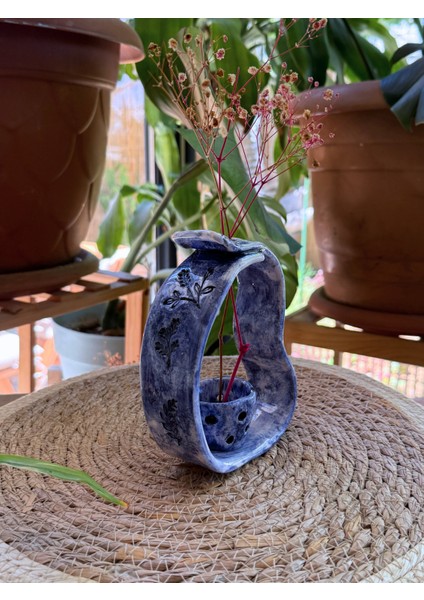 Arche Ceramic El Yapımı Seramik Çiçeklik / Mini Saksı - Mavi - 15X12 cm - Tekli