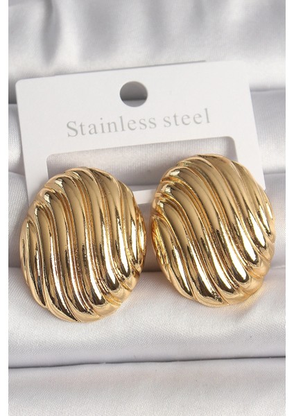Pirinç Gold Renk Işlemeli Oval Model Kadın Küpe