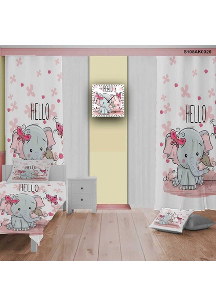 Pembe Fil Desenli Çocuk ve Bebek Odası Seti: Perde, Yatak Örtüsü, Saat, Yastık, Kılıf