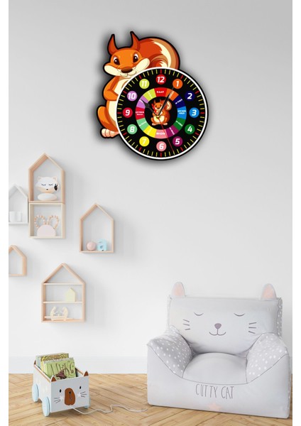 Sevimli Sincap Temalı 40 cm Montessori Çocuk Odası Eğitici Siyah Duvar Saati modelleri