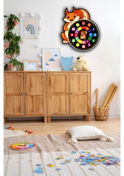 Sevimli Sincap Temalı 40 cm Montessori Çocuk Odası Eğitici Siyah Duvar Saati fırsatları