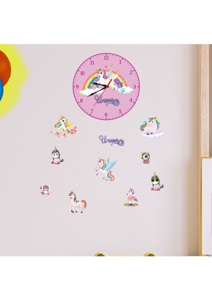 Renkli Unicorn Temalı Çocuk Odası Duvar Saati ve Süsleri, Şık ve Eğlenceli Dekor
