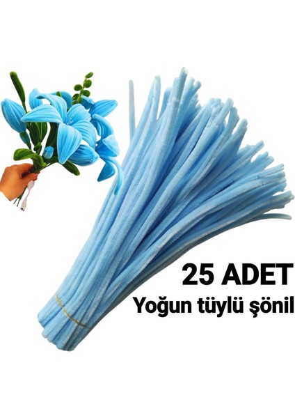 25 Adet Bebek Mavi Şönil, Eğitici Şönil Seti, Yoğun Tüylü Tel, 30 cm