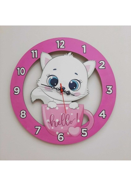 Renkli ve Eğlenceli 40X40 cm Kedi Temalı Çocuk Odası Duvar Saati