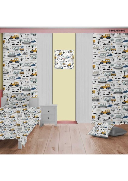 Çocuk Odası Seti; Perde, Yatak Örtüsü, Duvar Saati, Yastık ve Kılıf, Beyaz Renkli