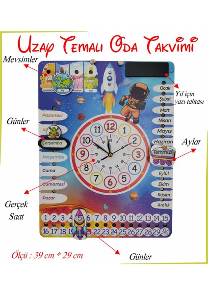 Çocuk Odası Gezegen Temalı Gerçek Saatli Duvar Takvimi