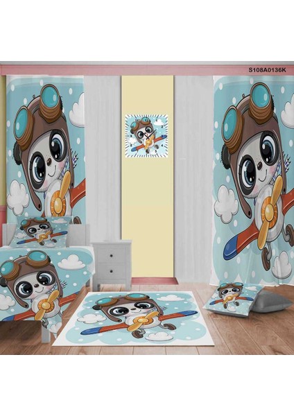 Mavi Uçaklı Panda Çocuk ve Bebek Odası Seti: Perde, Yatak Örtüsü, Halı, Duvar Saati, Yastık, Kılıf