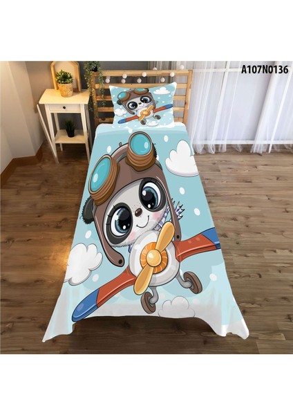 Mavi Uçaklı Panda Çocuk ve Bebek Odası Seti: Perde, Yatak Örtüsü, Halı, Duvar Saati, Yastık, Kılıf