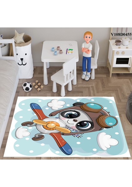 Mavi Uçaklı Panda Çocuk ve Bebek Odası Seti: Perde, Yatak Örtüsü, Halı, Duvar Saati, Yastık, Kılıf
