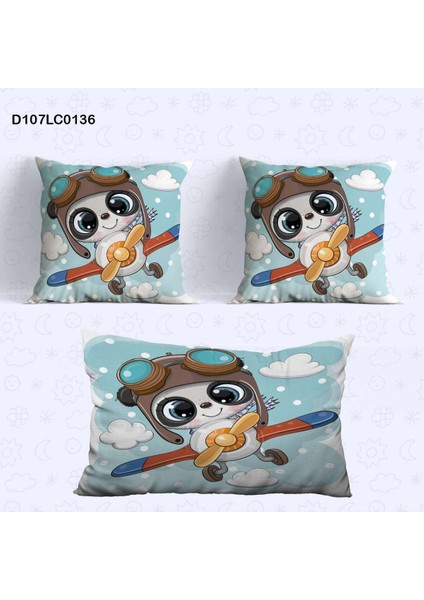 Mavi Uçaklı Panda Çocuk ve Bebek Odası Seti: Perde, Yatak Örtüsü, Halı, Duvar Saati, Yastık, Kılıf