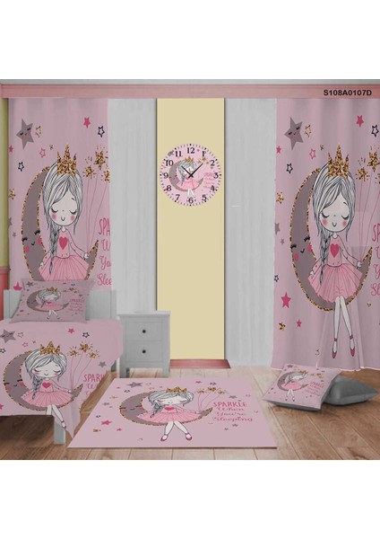 Pembe Kız Çocuk ve Bebek Odası Seti: Perde, Yatak Örtüsü, Halı, Duvar Saati, Yastık, Kılıf