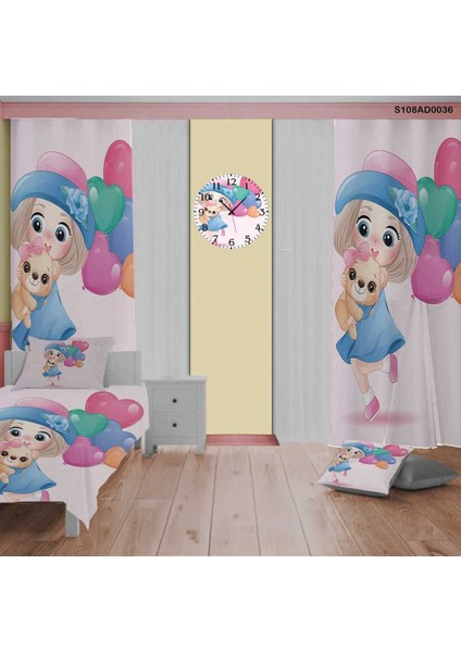 Mavi Balon Temalı Çocuk ve Bebek Odası Seti (Perde, Yatak Örtüsü, Duvar Saati, Yastık, Kılıf)