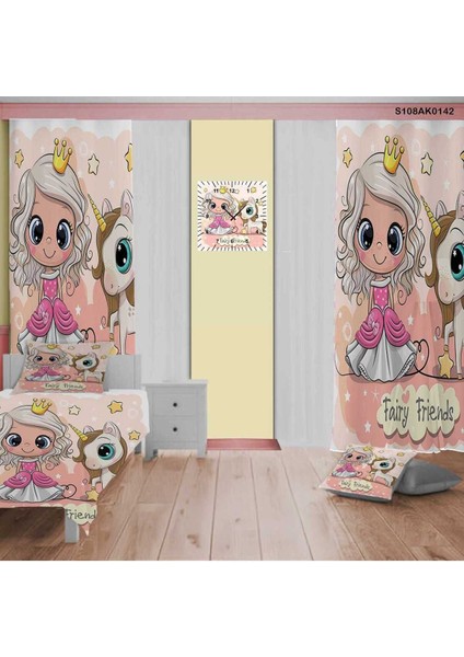 Prenses Desenli Pembe Çocuk ve Bebek Odası Seti (Perde, Yatak Örtüsü, Duvar Saati, Yastık)