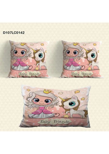 Prenses Desenli Pembe Çocuk ve Bebek Odası Seti (Perde, Yatak Örtüsü, Duvar Saati, Yastık)