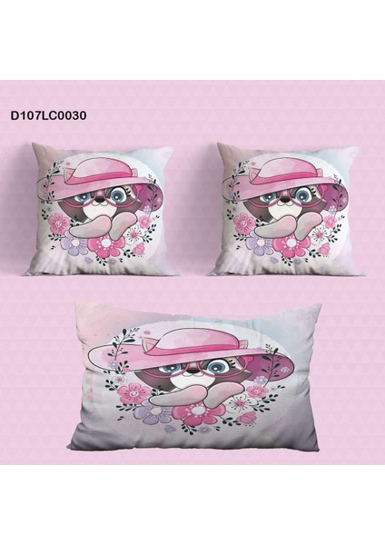 Pembe Kedi Desenli Çocuk ve Bebek Odası Seti: Perde, Yatak Örtüsü, Duvar Saati, Yastık, Kılıf