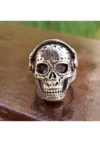 DJ Kulaklıklı Kuru Kafa Şekilli Erkek Yüzük Gümüş Kaplama Ayarlanabilir El Yapımı Erkek Yüzük