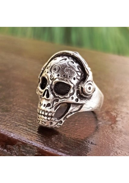 DJ Kulaklıklı Kuru Kafa Şekilli Erkek Yüzük Gümüş Kaplama Ayarlanabilir El Yapımı Erkek Yüzük fiyatları