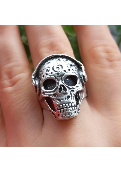 DJ Kulaklıklı Kuru Kafa Şekilli Erkek Yüzük Gümüş Kaplama Ayarlanabilir El Yapımı Erkek Yüzük fırsatları