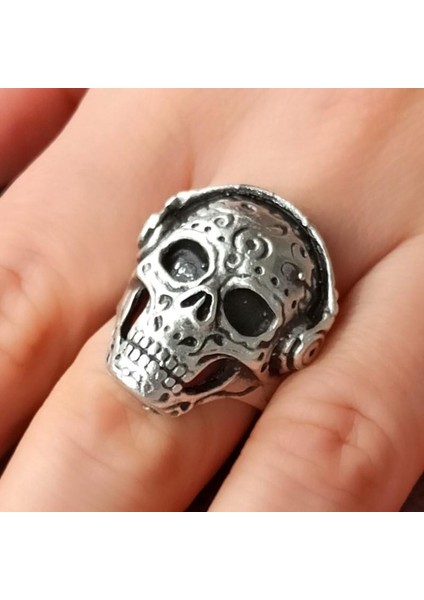 DJ Kulaklıklı Kuru Kafa Şekilli Erkek Yüzük Gümüş Kaplama Ayarlanabilir El Yapımı Erkek Yüzük indirimleri