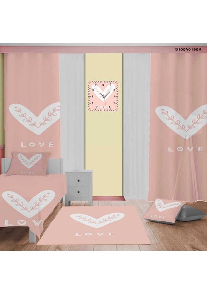 Pembe Kalp Desenli Çocuk ve Bebek Odası Seti (Perde, Yatak Örtüsü, Halı, Duvar Saati, Yastık, Kılıf)