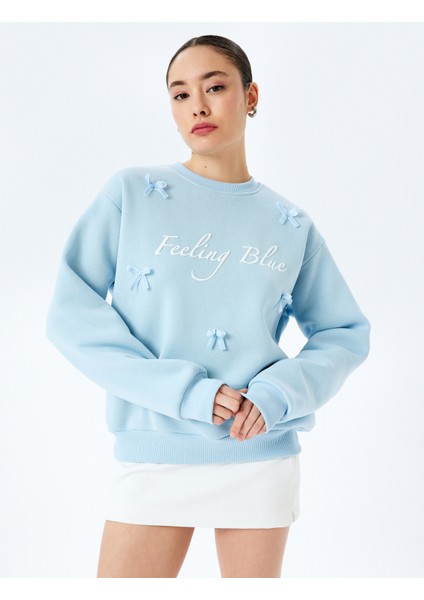 Yeni Sezon Şardonlu Fiyonklu Slogan Baskılı Bisiklet Yaka Sweatshirt