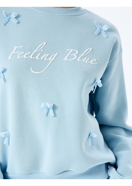 Yeni Sezon Şardonlu Fiyonklu Slogan Baskılı Bisiklet Yaka Sweatshirt indirimleri