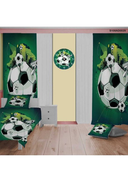 Mavi Futbol Temalı Çocuk ve Bebek Odası Seti (Perde, Yatak Örtüsü, Duvar Saati, Yastık, Kılıf)