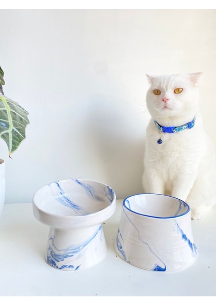 Seramik Kedi ve Köpek Mama ve Su Kabı, Mavi Beyaz ve Renkli Moon Desenli, 2'li Set