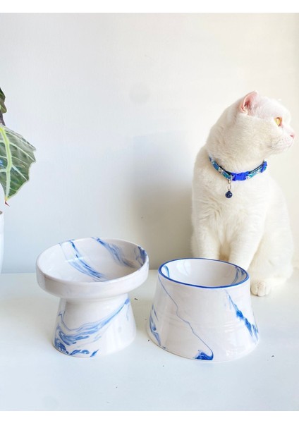 Seramik Kedi ve Köpek Mama ve Su Kabı, Mavi Beyaz ve Renkli Moon Desenli, 2'li Set fiyatları