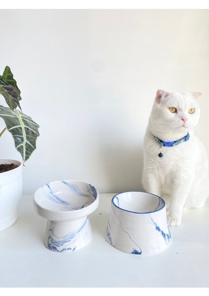 Seramik Kedi ve Köpek Mama ve Su Kabı, Mavi Beyaz ve Renkli Moon Desenli, 2'li Set modelleri