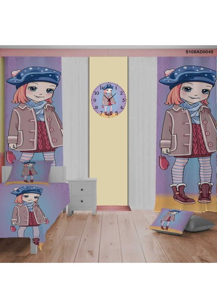 Sevimli Prenses Desenli Çocuk ve Bebek Odası Seti, Perde, Yatak Örtüsü, Duvar Saati, Yastık