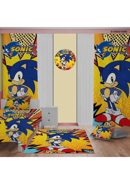 Sonic Desen Çocuk ve Bebek Odası Seti Perde, Yatak Örtüsü, Halı, Duvar Saati, Yastık, Kılıf