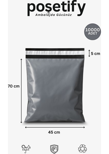 Gri Cepsiz Kargo Poşeti 45X70+5 cm | Yapışkan Bantlı Kargo Zarfı | 10000’LI E-Ticaret Poşeti