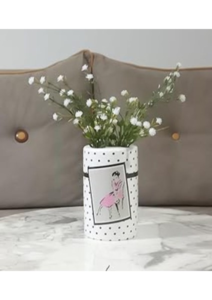 Beyaz Yapay Çiçekli Dekoratif Vazo ve Pembe Elbiseli Kadın Figürü 7x7