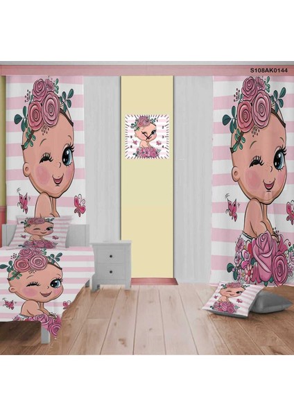 Pembe Kız Çocuk ve Bebek Odası Seti: Perde, Yatak Örtüsü, Duvar Saati, Yastık, Kılıf