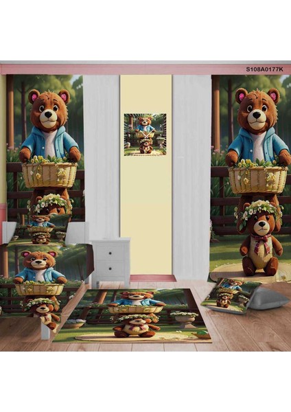 3D Çocuk ve Bebek Odası Seti: Perde, Yatak Örtüsü, Halı, Duvar Saati, Yastık, Kılıf