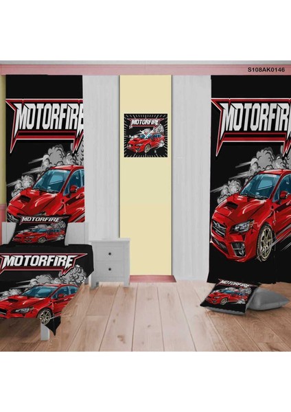 F1 Yarış Arabalı Çocuk ve Bebek Odası Seti (Perde, Yatak Örtüsü, Duvar Saati, Yastık, Kılıf)