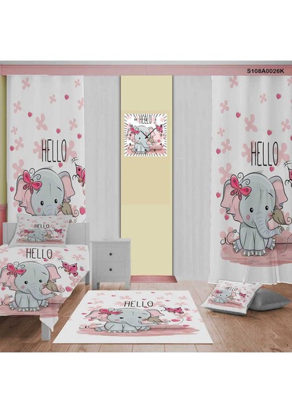 Pembe Fil Çocuk ve Bebek Odası Seti: Perde, Yatak Örtüsü, Halı, Duvar Saati, Yastık, Kılıf